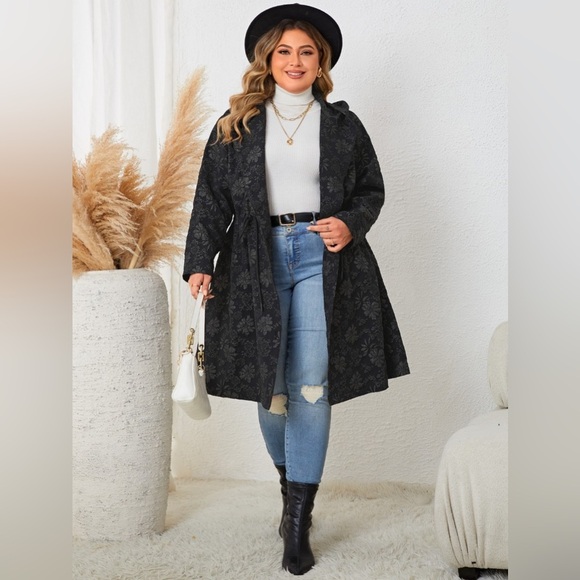 Plus Size Long Sleeve Hooded Trench Coat - Picture 1 of 6
